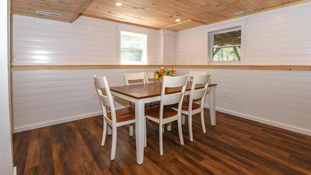 124 Alpine Village Rd, Harrison, ME 04040 - dining space with wooden ceiling, healthy amount of natural light, wood finished floors, baseboards, and wood walls