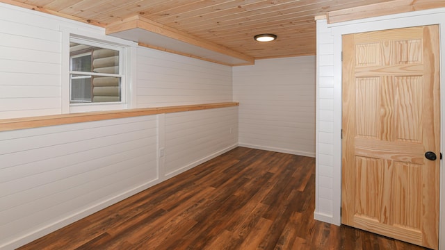 124 Alpine Village Rd, Harrison, ME 04040 - unfurnished room with wooden ceiling, wood walls, dark wood-style floors, and baseboards