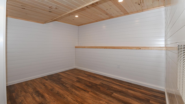 124 Alpine Village Rd, Harrison, ME 04040 - spare room featuring baseboards, wood ceiling, dark wood-style flooring, recessed lighting, and wooden walls