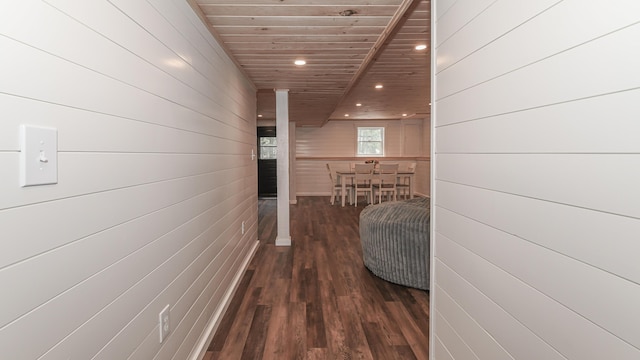 124 Alpine Village Rd, Harrison, ME 04040 - hall with wood ceiling, recessed lighting, wooden walls, and dark wood-style floors