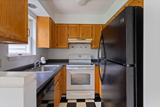 30 Glenridge Dr Unit 30, Portland, ME 04102 - kitchen featuring black appliances, under cabinet range hood, a sink, light flooring, and brown cabinetry