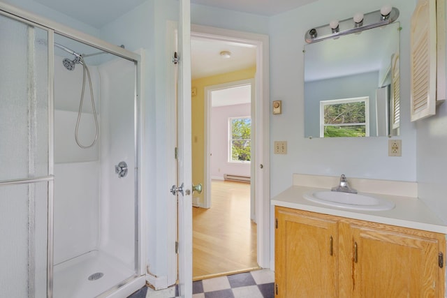 30 Glenridge Dr Unit 30, Portland, ME 04102 - full bath with tile patterned floors, a shower stall, vanity, and baseboard heating