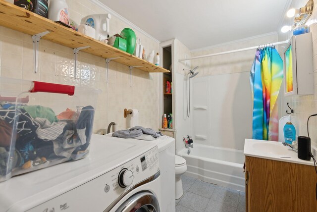 14 N St, Augusta, ME 04330 - washroom featuring washer / dryer, ornamental molding, tile patterned flooring, and tile walls