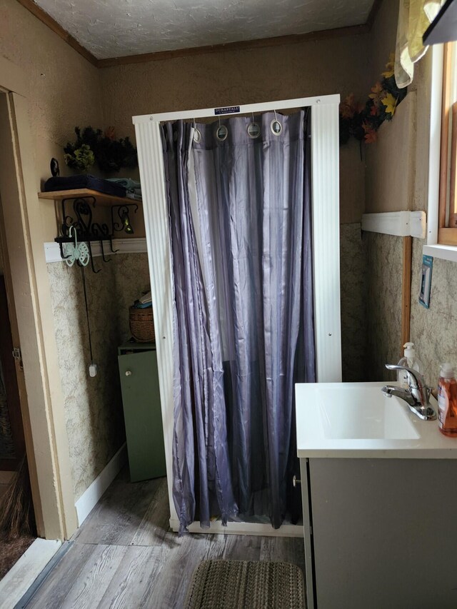 full bathroom featuring wood finished floors and vanity