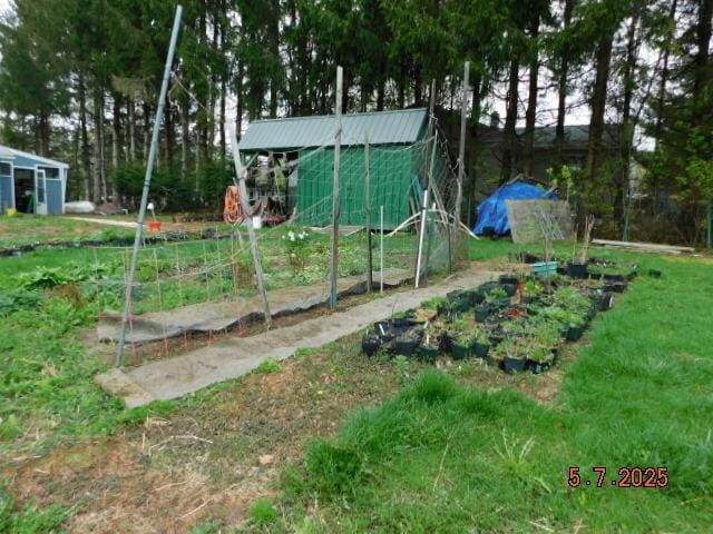 view of jungle gym with a garden, an outdoor structure, and a storage shed