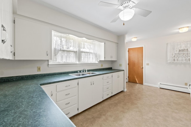 kitchen featuring a sink, a baseboard radiator, white cabinetry, and dark countertops