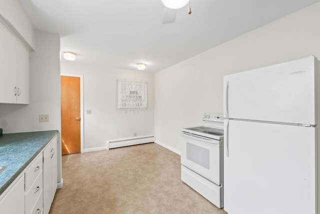 kitchen with white appliances, a baseboard radiator, white cabinetry, light carpet, and baseboards