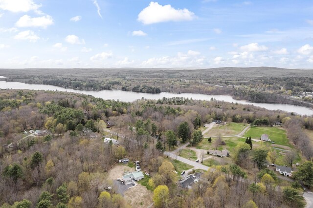 view of property location with a nearby body of water and a heavily wooded area