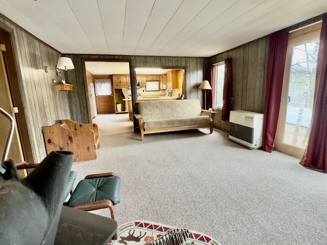 1429 Canada Rd, Moscow, ME 04920 - bedroom featuring multiple windows, heating unit, wood walls, and carpet flooring
