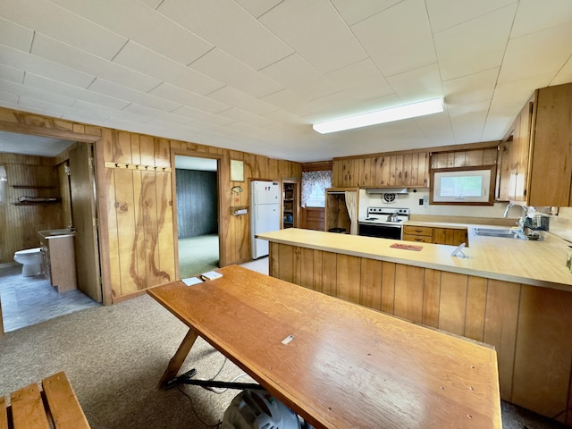 1429 Canada Rd, Moscow, ME 04920 - kitchen with white appliances, light colored carpet, wood walls, light countertops, and a peninsula