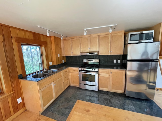 kitchen with stainless steel appliances, track lighting, under cabinet range hood, light brown cabinets, and a sink