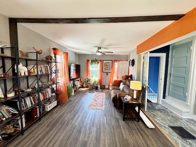 2 High St, Machias, ME 04654 - living room featuring wood finished floors, beam ceiling, and a ceiling fan