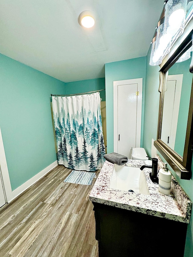 2 High St, Machias, ME 04654 - bathroom with wood finished floors, vanity, baseboards, and a shower with shower curtain