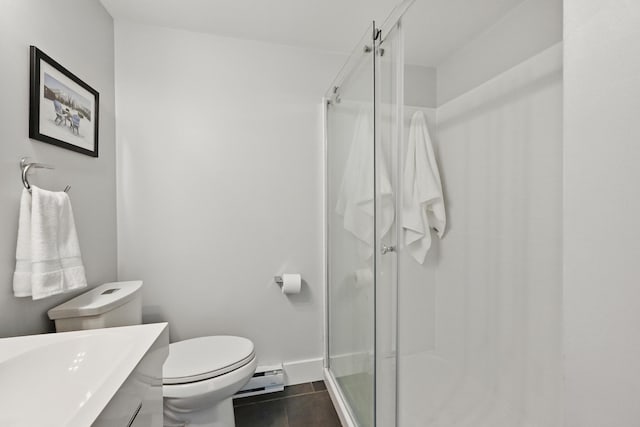 3027 Main St Unit 3027, Carrabassett Valley, ME 04947 - full bathroom with a stall shower, vanity, tile patterned floors, toilet, and baseboards