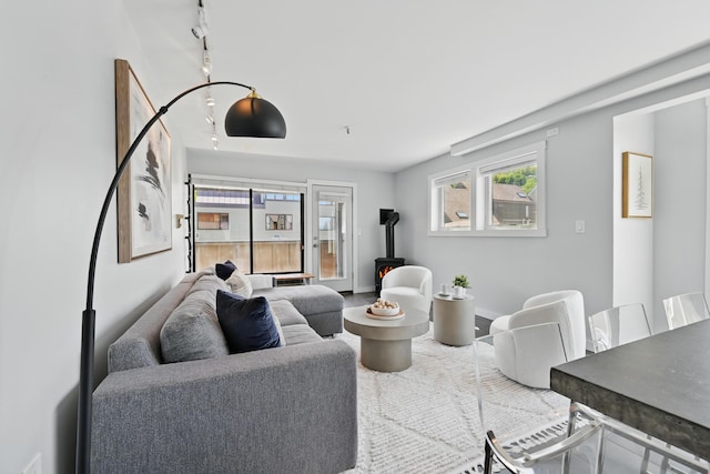 3027 Main St Unit 3027, Carrabassett Valley, ME 04947 - living room with a wood stove, rail lighting, and baseboards