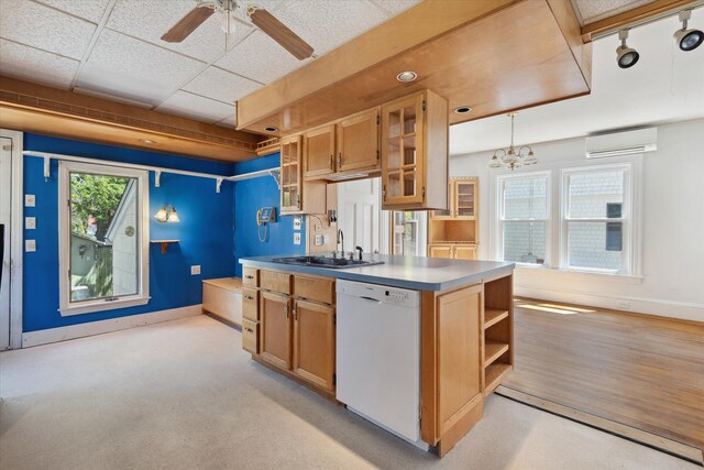 kitchen with dishwasher, a wall mounted air conditioner, open shelves, baseboards, and ceiling fan