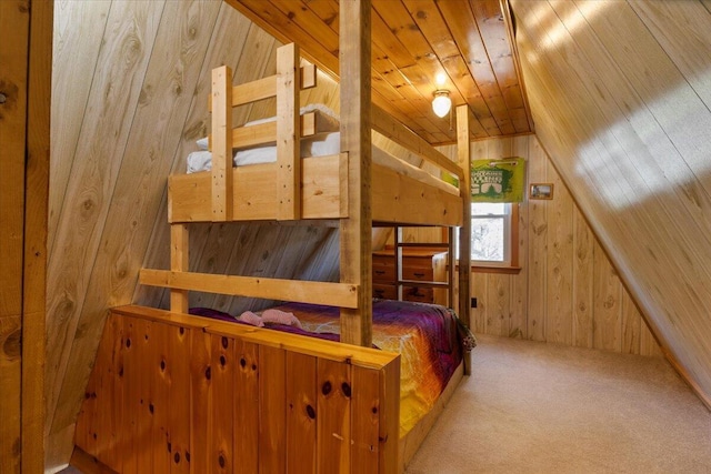 bedroom featuring wood walls, lofted ceiling, carpet floors, and wood ceiling