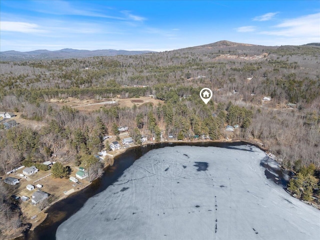aerial view of property's location with a mountainous background and a forest