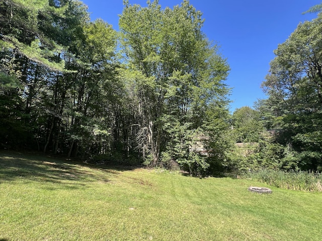 view of grassy yard featuring a fire pit and a view of trees