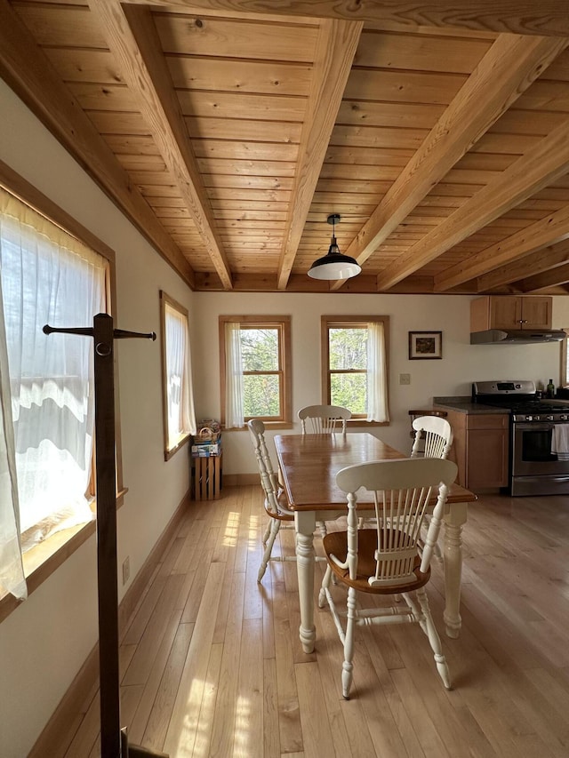 1157 Back Cv, Waldoboro, ME 04572 - dining area with wood ceiling, beamed ceiling, baseboards, and light wood-style flooring