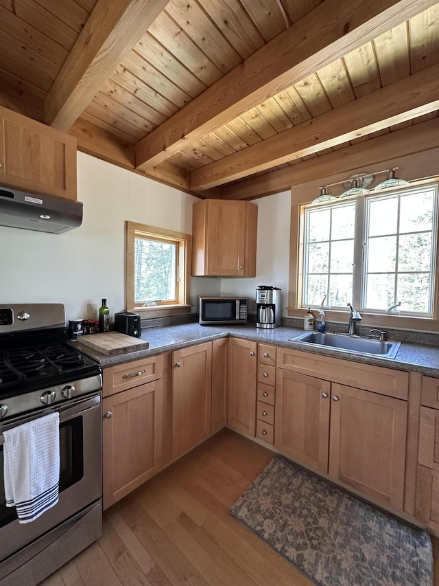 1157 Back Cv, Waldoboro, ME 04572 - kitchen featuring stainless steel appliances, under cabinet range hood, beamed ceiling, light wood finished floors, and a sink
