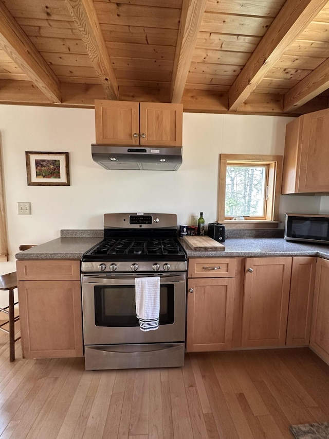 1157 Back Cv, Waldoboro, ME 04572 - kitchen featuring appliances with stainless steel finishes, under cabinet range hood, beamed ceiling, wood ceiling, and light wood-style floors