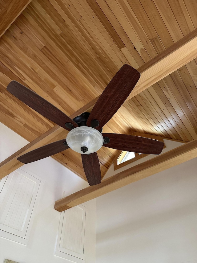 1157 Back Cv, Waldoboro, ME 04572 - detailed view of wooden ceiling, beamed ceiling, and a ceiling fan