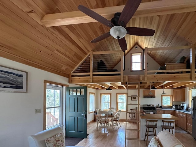 1157 Back Cv, Waldoboro, ME 04572 - dining room featuring beamed ceiling, ceiling fan, wood ceiling, light wood-style floors, and high vaulted ceiling