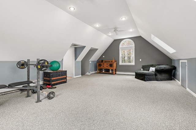 7 Canterbury Pines Dr, Gorham, ME 04038 - exercise area with carpet flooring, lofted ceiling, a skylight, baseboard heating, and baseboards