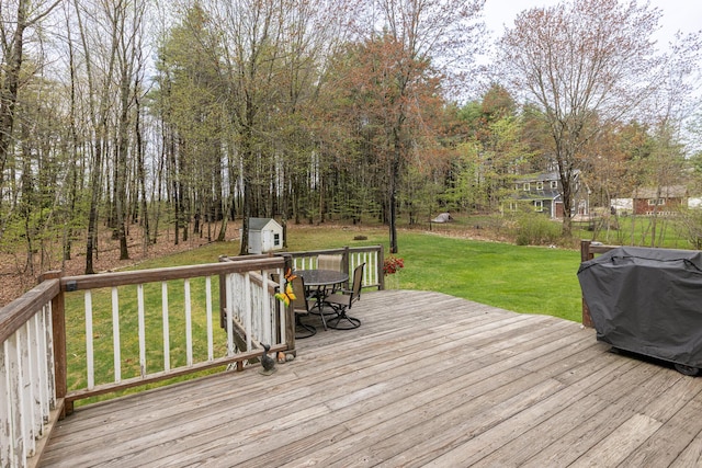 7 Canterbury Pines Dr, Gorham, ME 04038 - wooden terrace with a storage shed, an outbuilding, a yard, and outdoor dining area
