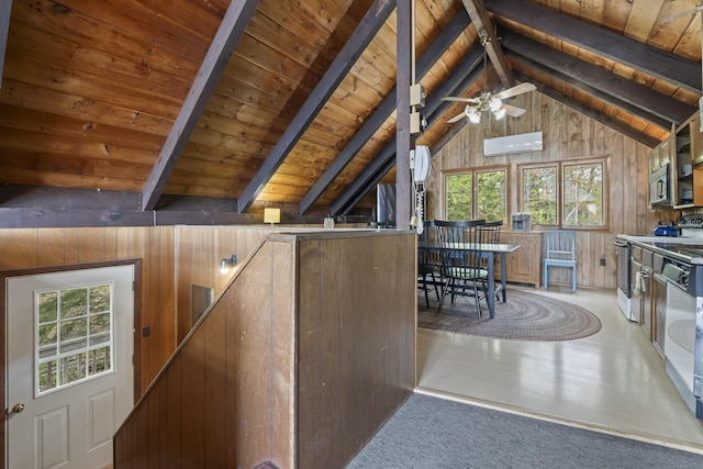 489 Leisure Ln, Frye Island, ME 04071 - kitchen featuring wood ceiling, range, healthy amount of natural light, wood walls, and a wall mounted AC