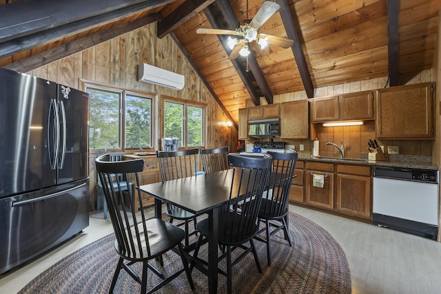 489 Leisure Ln, Frye Island, ME 04071 - dining space with wood walls, an AC wall unit, wood ceiling, beam ceiling, and a ceiling fan
