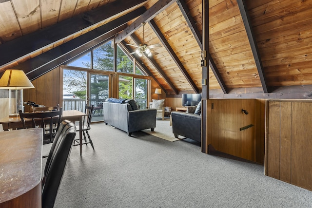 489 Leisure Ln, Frye Island, ME 04071 - living area with wood ceiling, carpet flooring, and wooden walls