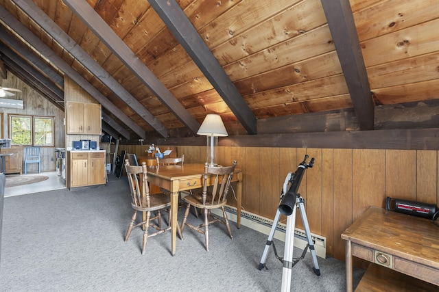 489 Leisure Ln, Frye Island, ME 04071 - carpeted dining room featuring wood ceiling, wooden walls, and baseboard heating