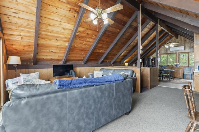 489 Leisure Ln, Frye Island, ME 04071 - carpeted living area featuring wooden ceiling, wooden walls, and ceiling fan