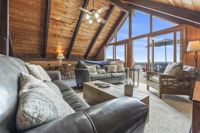 489 Leisure Ln, Frye Island, ME 04071 - carpeted living area featuring wood ceiling and ceiling fan
