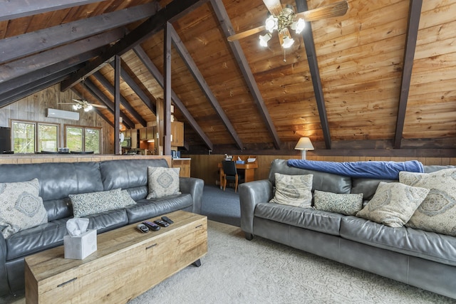 489 Leisure Ln, Frye Island, ME 04071 - living area featuring a ceiling fan, wood ceiling, wood walls, and carpet flooring