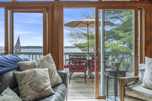 489 Leisure Ln, Frye Island, ME 04071 - living room featuring a water view and wood finished floors