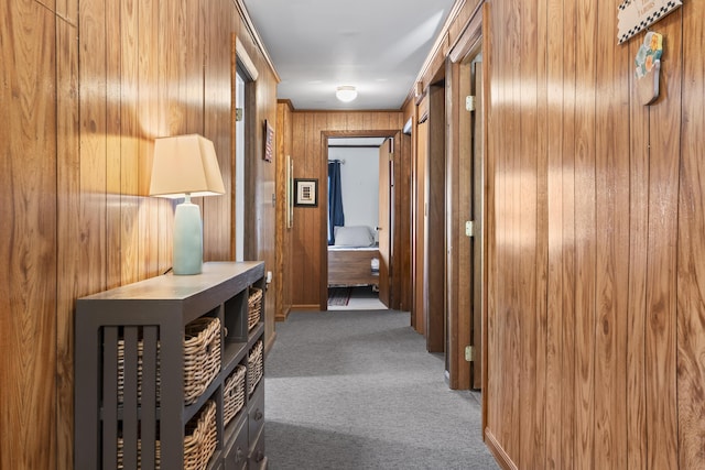 489 Leisure Ln, Frye Island, ME 04071 - hallway featuring carpet flooring and wooden walls