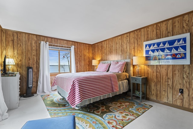 489 Leisure Ln, Frye Island, ME 04071 - bedroom featuring wood walls and finished concrete floors