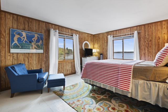 489 Leisure Ln, Frye Island, ME 04071 - bedroom featuring multiple windows and wood walls