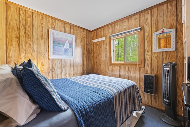489 Leisure Ln, Frye Island, ME 04071 - carpeted bedroom with wood walls and heating unit