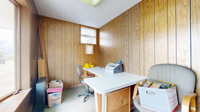 carpeted office space featuring wood walls