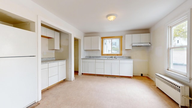 kitchen featuring radiator, plenty of natural light, under cabinet range hood, and light flooring