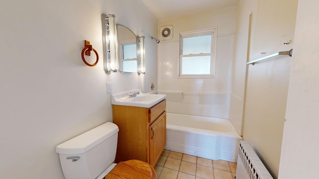bathroom with radiator heating unit, tile patterned floors, toilet, shower / tub combination, and vanity