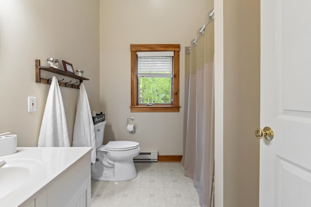 186 Ridge Rd, Frye Island, ME 04071 - full bath featuring baseboard heating, toilet, vanity, and a shower with shower curtain