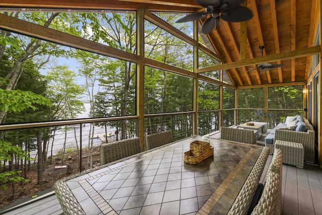 186 Ridge Rd, Frye Island, ME 04071 - sunroom / solarium featuring ceiling fan, vaulted ceiling, and an outdoor hangout area