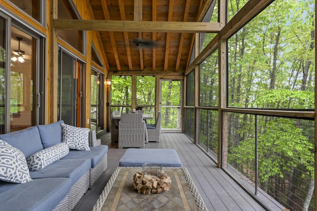 186 Ridge Rd, Frye Island, ME 04071 - sunroom with an outdoor living space, vaulted ceiling, and ceiling fan