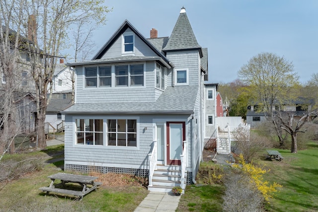 6 Sea St, Northeast Harbor, Mount Desert, ME 04662 - view of front of property with roof with shingles, entry steps, and a chimney