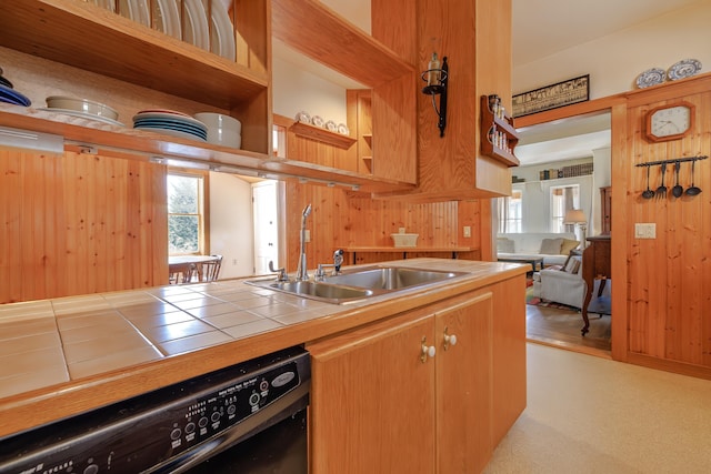 6 Sea St, Northeast Harbor, Mount Desert, ME 04662 - kitchen with black dishwasher, open shelves, a sink, and tile counters